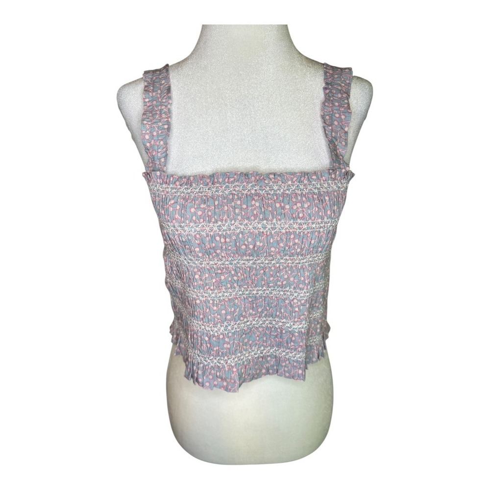 French Connection Smocked Crop Top Floral Print Sleeveless Blue Pink Size 12